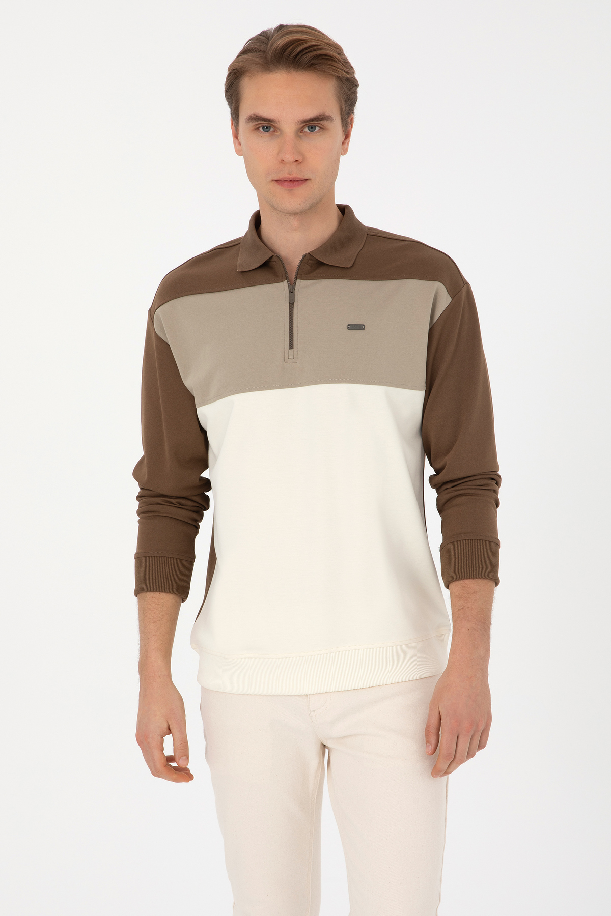 یو اس پولو سویشرت خاکی مردانه مدل نیم زیپ کد ۵۰۳۱۵۵۲۱-VR027