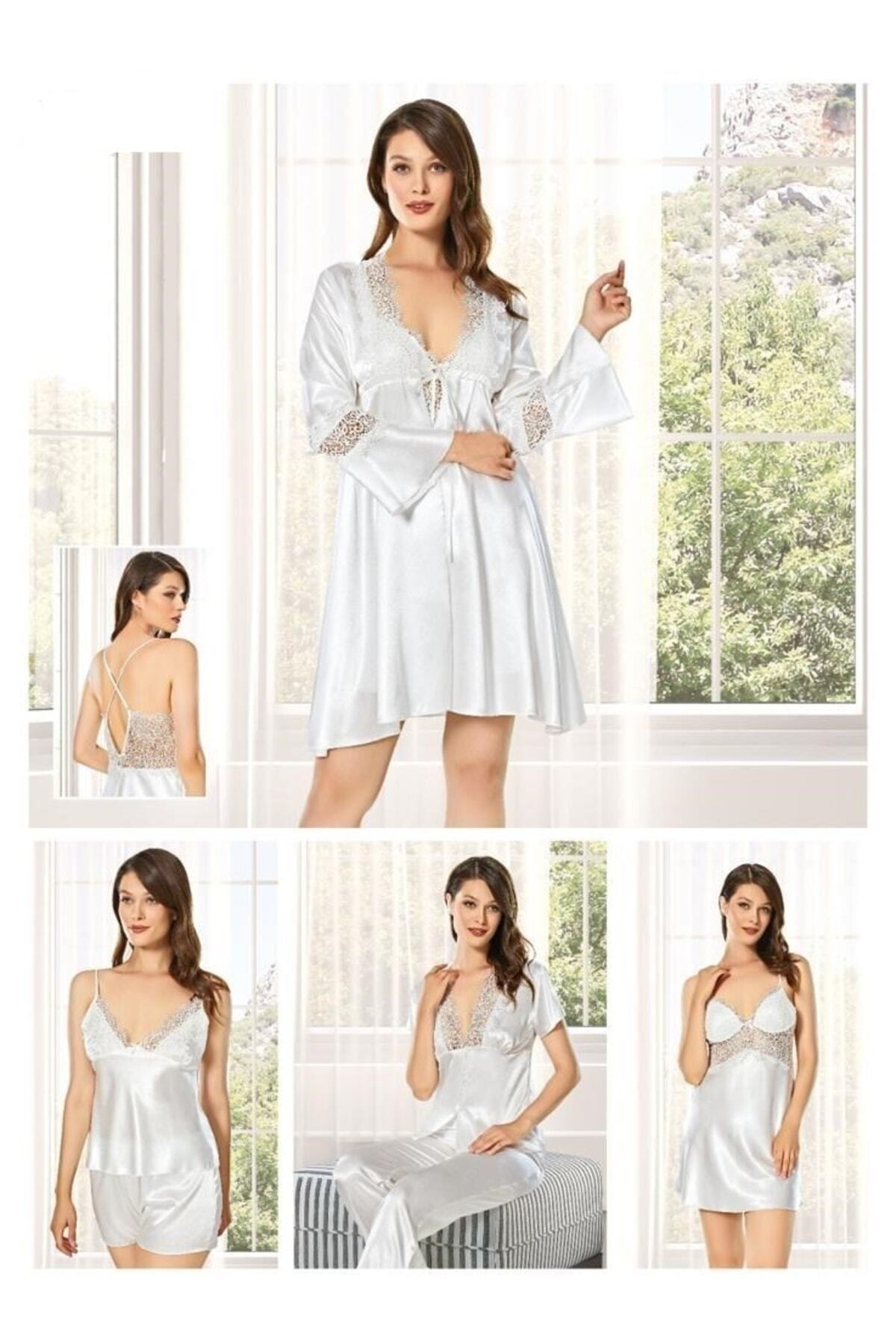 Duchesse Kadın Kutulu Ekru Saten Gecelik Sabahlık Pijama Takım Şort Takım 6'lı Çeyiz Seti - 7630