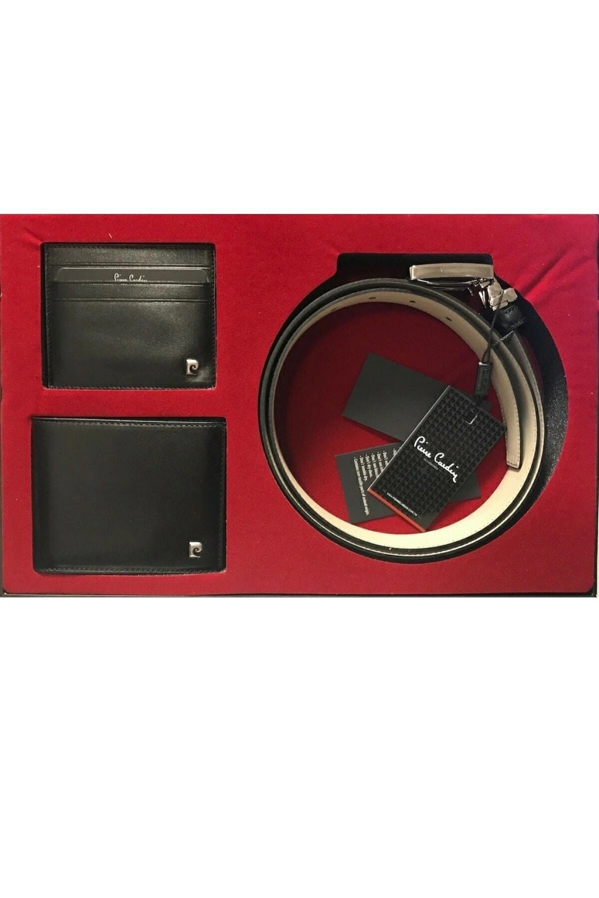 پیر کاردین ست سه تکه کمربند، کیف پول و جاکارتی چرمی مشکی مردانه