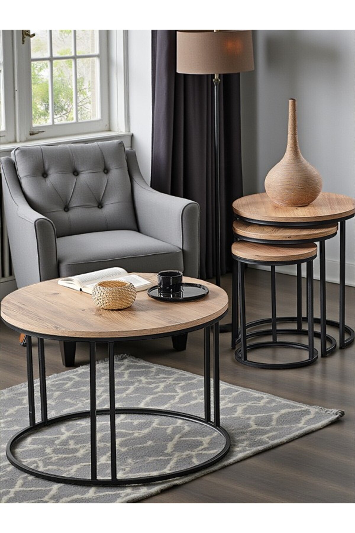 4 Lü Açık Ceviz (SUNTALAM) Siyah Metal Ayaklı Cam C Model Sehpa Takımı (ZİGON VE ORTA)