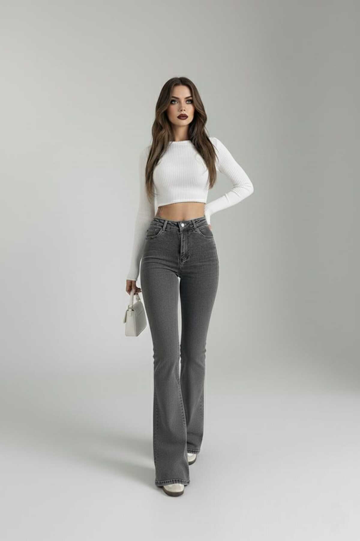 NWC  İspanyol Flare Jean Kot Pantolon Yüksek Bel Füme Kar Likralı ( Gorseller ısık kaynaklı acık cıkıyor)