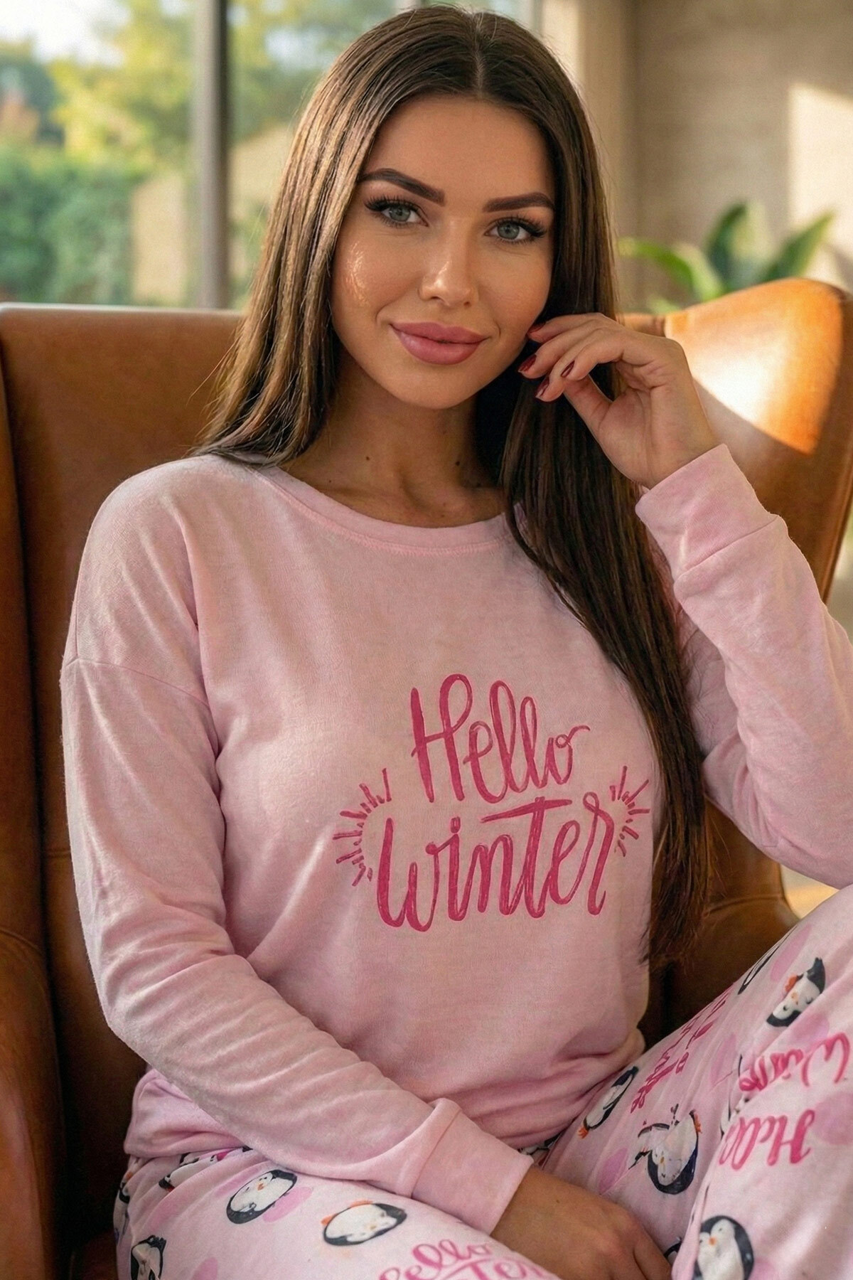 Pijamaevi Pembe Penguen Winter Desenli Termal Kadın Pijama Takımı görsel 2