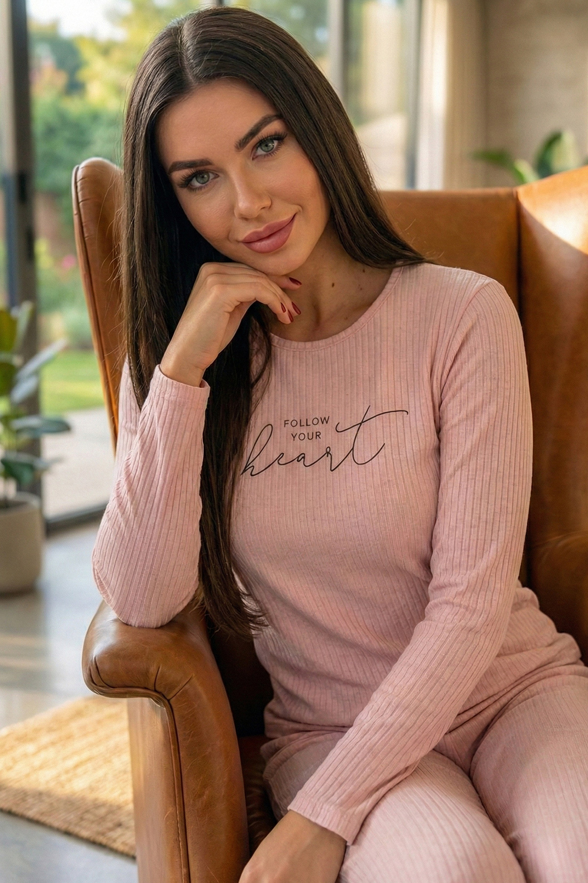 Pijamaevi Pleteni ženski pidžama set dugih rukava sa uzorkom u obliku srca od...