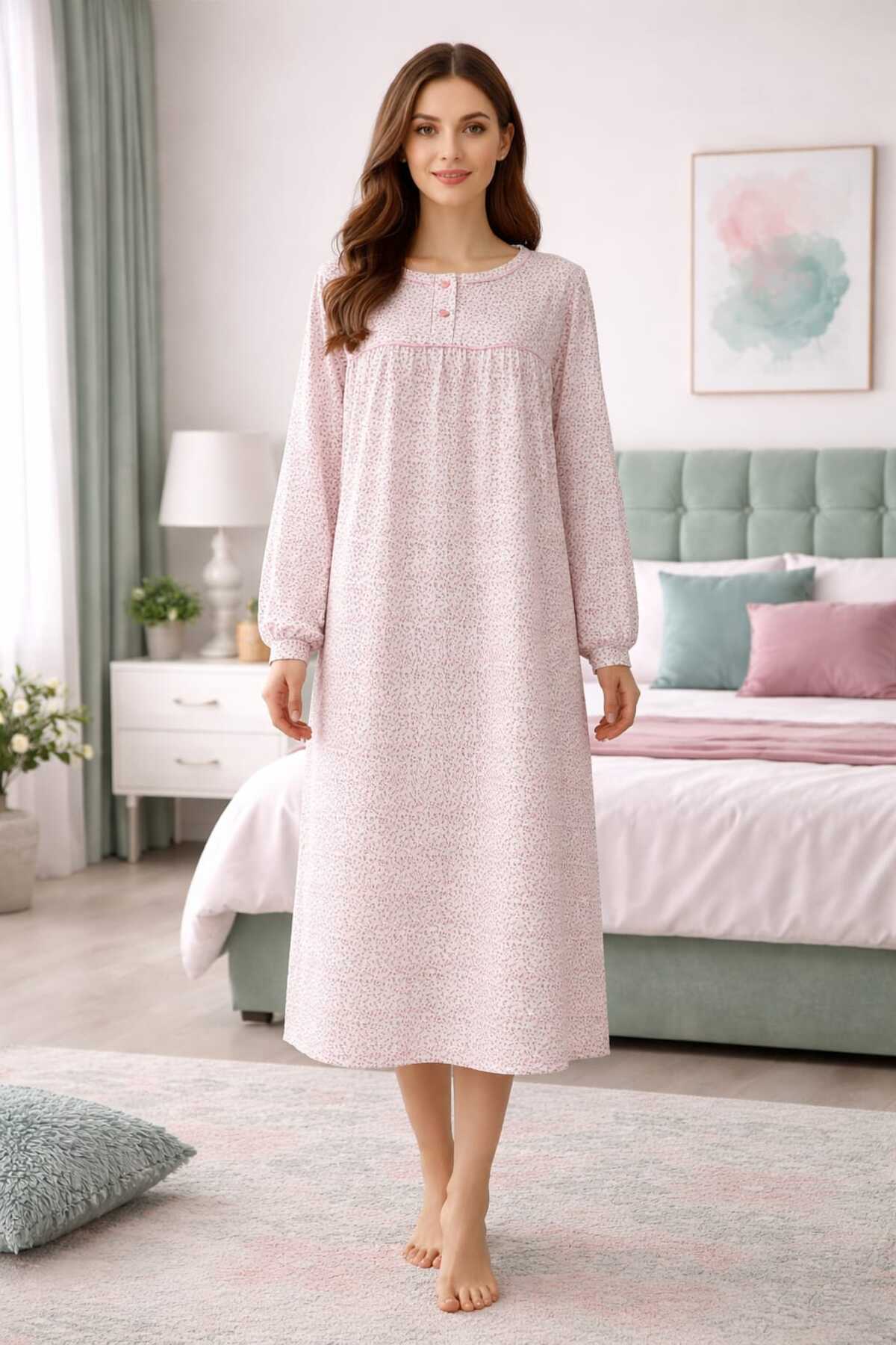 AYSUN TEKSTİL Geniş Kesim Pamuklu Kumaştan Kol Manşetleri Düğme İlikli Pembe Minik Çiçekli Anne Gecelik.