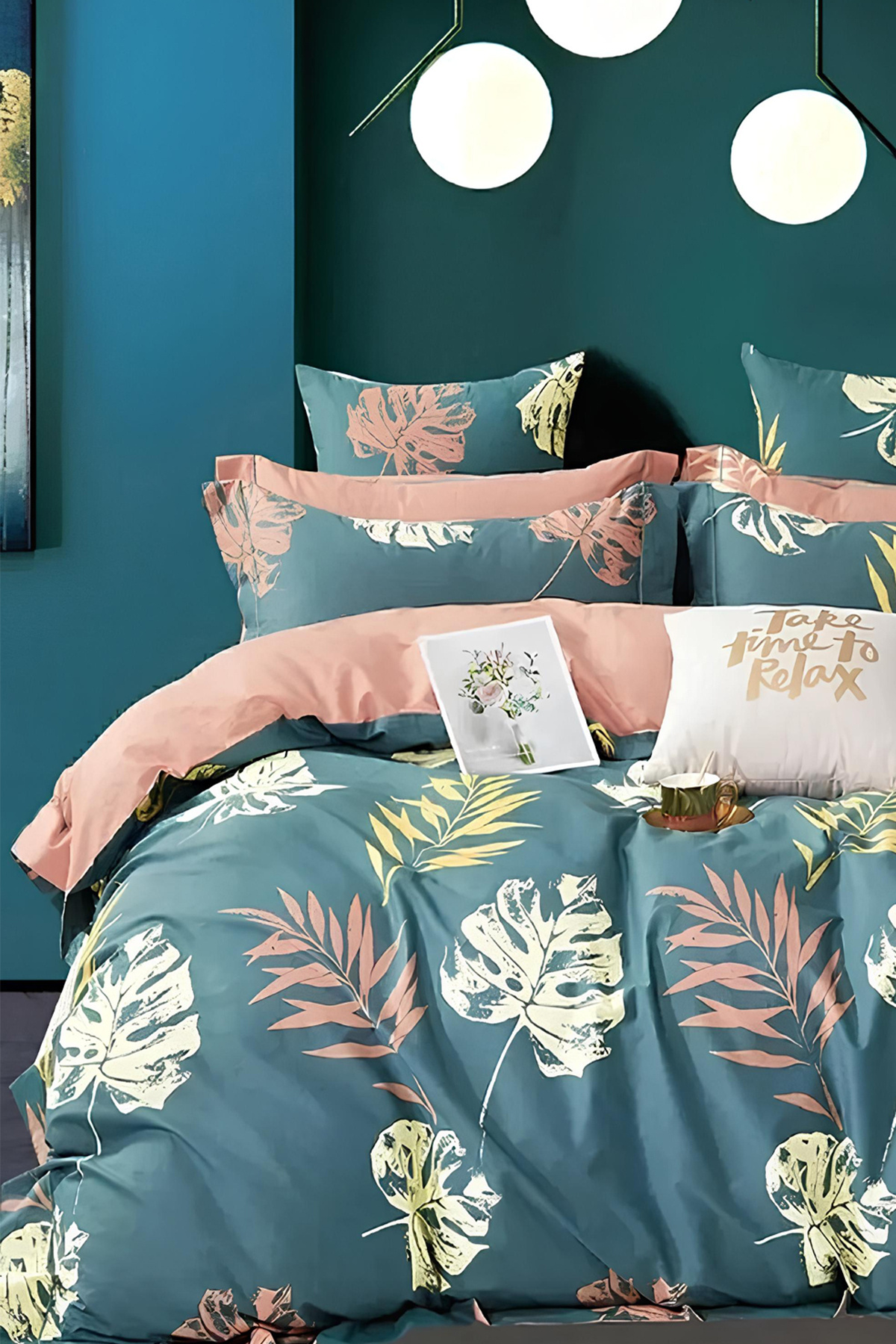 İQON Lastikli Çarşaflı Nevresim Takımı Çift Kişilik Leaf Petrol fotoğrafı 3 (önizleme)