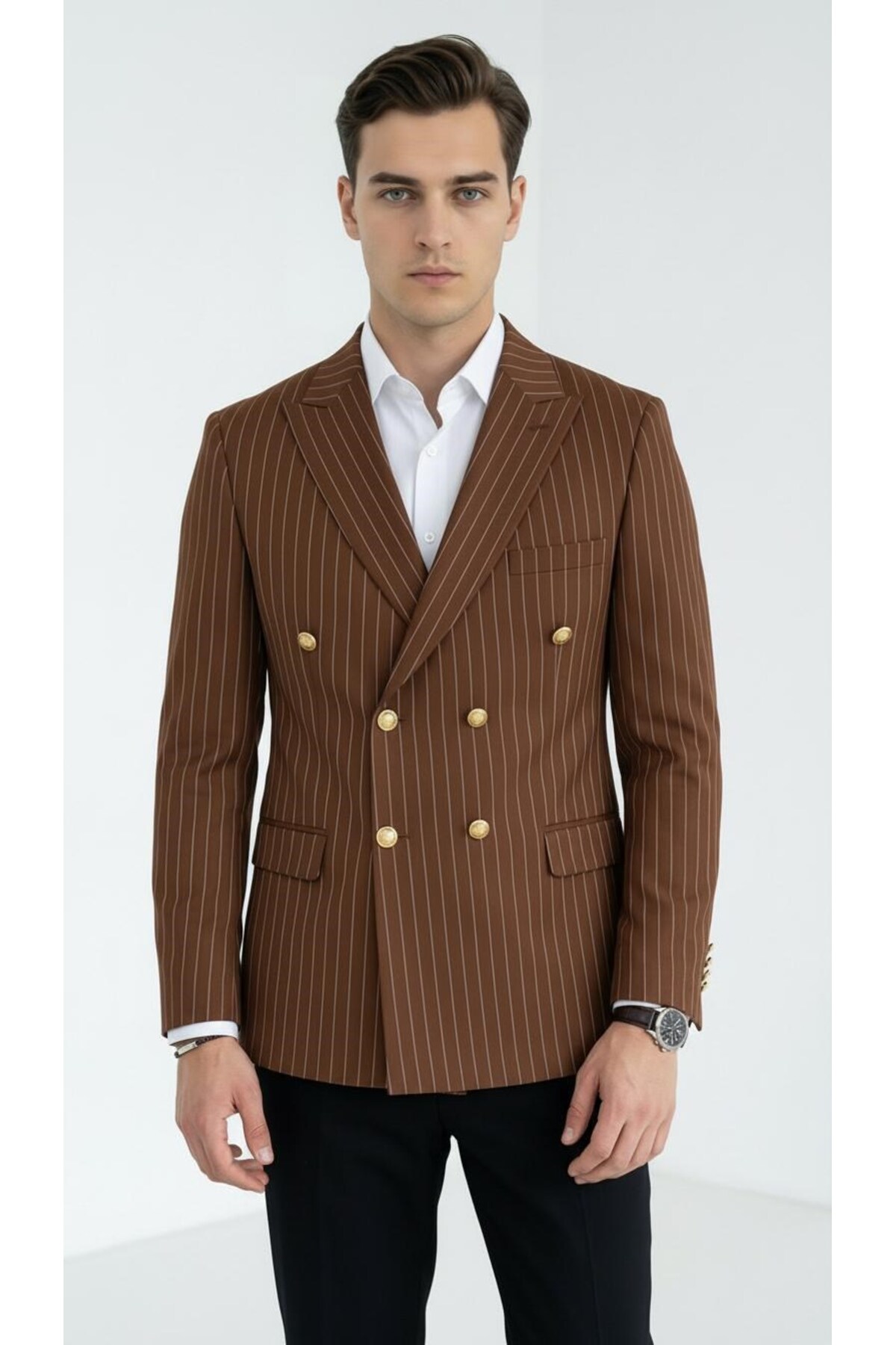 Plus Scorpion  Kahverengi Çizgili Erkek Kruvaze Blazer Ceket – İtalyan Kesim, Modern Şıklık