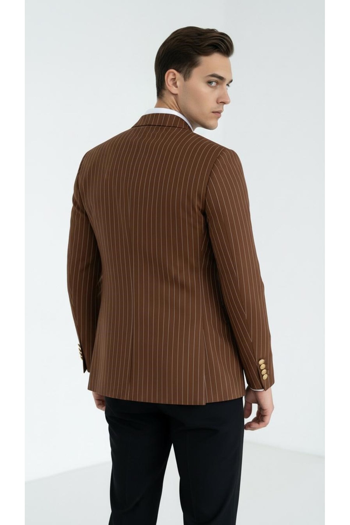 Plus Scorpion  Kahverengi Çizgili Erkek Kruvaze Blazer Ceket – İtalyan Kesim, Modern Şıklık - Görsel 5