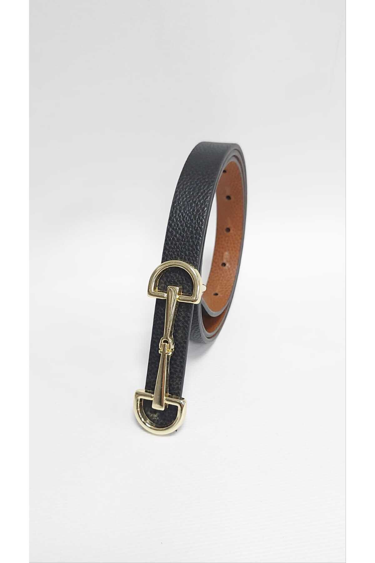 Kemerix  Kadın Çift Yönlü Gold Tokalı Siyah-taba İnce kemer - Görsel 2