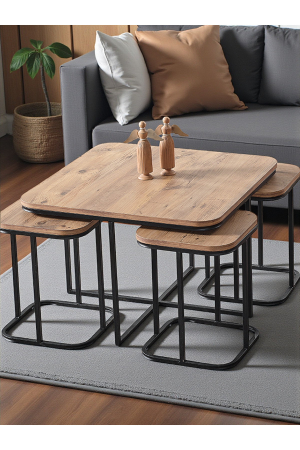 5 Li Sehpa (KURULUM GEREKTİRMEZ) 4 1 Antik Çam Ahşap Siyah Metal Ayak Takım Sehpa Orta Sehpa