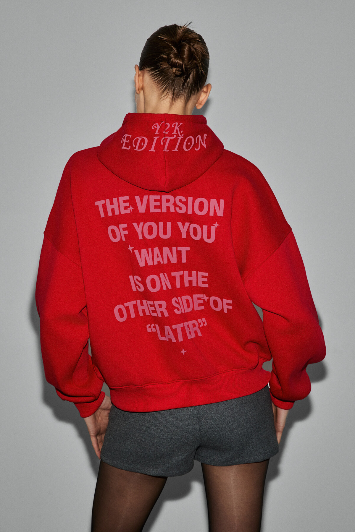 GRIMELANGE SPECTRUM Kadın Organik Pamuklu İçi polarlı Kapüşonlu Baskılı Oversize Kırmızı Sweatshirt