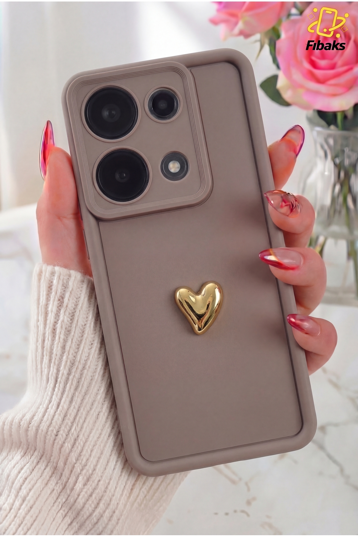 Redmi Note 13 Pro 4G Case Brown Pattern Soft Camera Shielded Cover with 3D Heart Design
