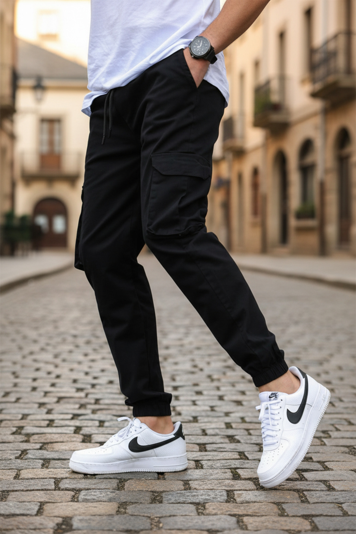 VIKUNYA  Erkek Siyah Jogger Kaliteli Pamuklu Likralı Cargo Beli Ve Paçası Lastikli Kargo Cepli Pantolon - Görsel 5