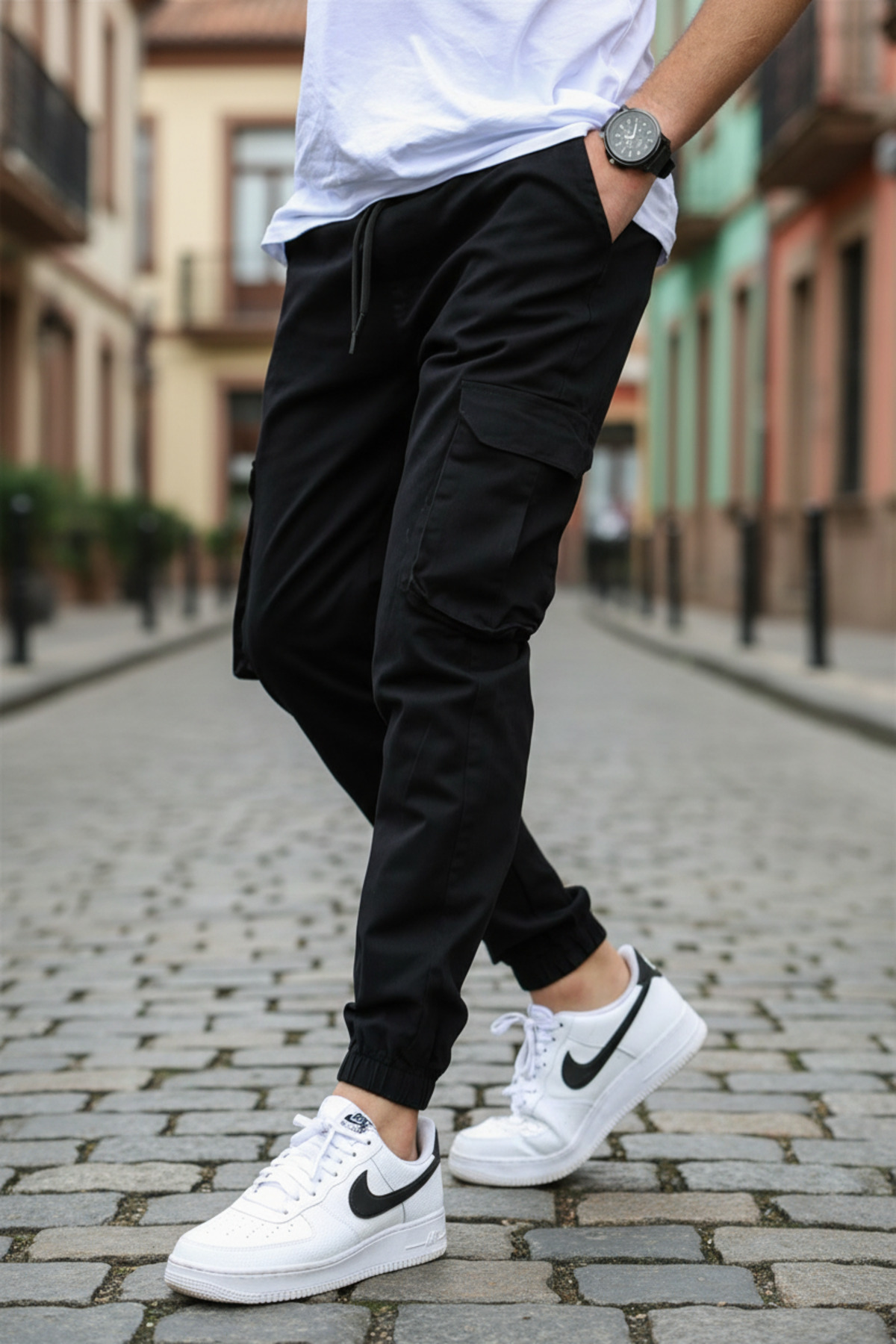 VIKUNYA  Erkek Siyah Jogger Kaliteli Pamuklu Likralı Cargo Beli Ve Paçası Lastikli Kargo Cepli Pantolon