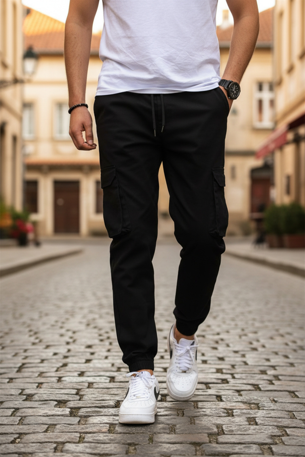 VIKUNYA  Erkek Siyah Jogger Kaliteli Pamuklu Likralı Cargo Beli Ve Paçası Lastikli Kargo Cepli Pantolon - Görsel 3