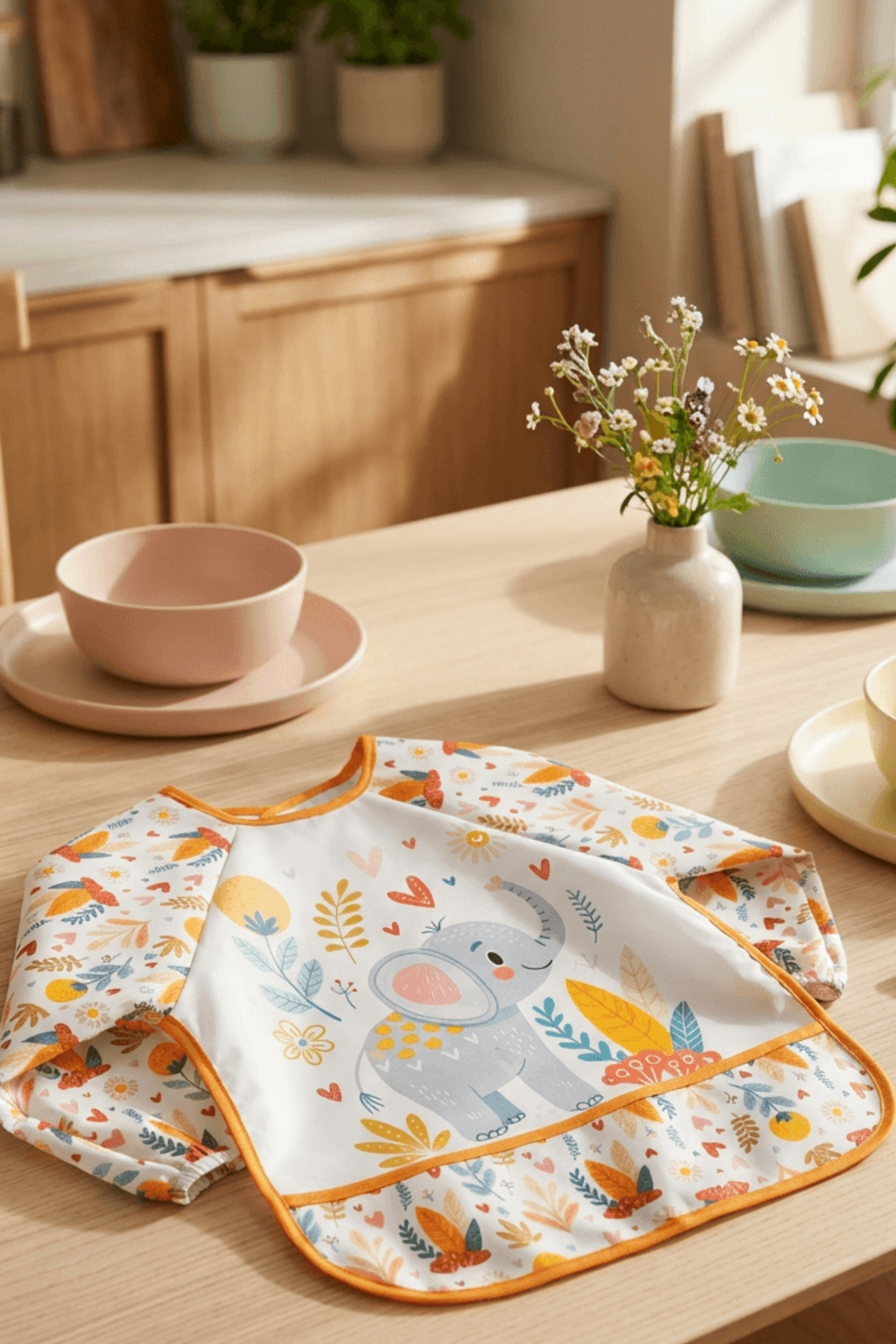 Bebechi Uzun Kollu Giyilebilir Fil Desen Sıvı Geçirmez Aktivite ve Mama Önlüğü Su Geçirmez Bebek Önlük fotoğrafı 5 (önizleme)