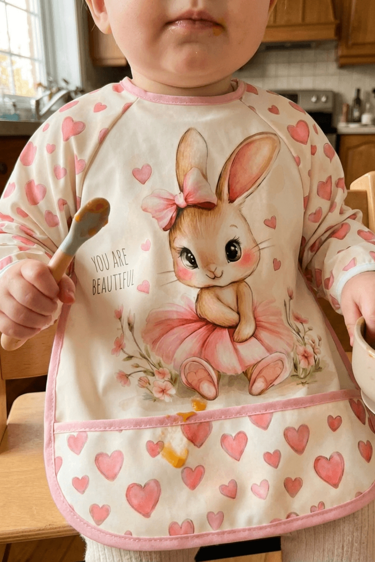 Bebechi Uzun Kollu Giyilebilir Tavşan Desen Sıvı Geçirmez Aktivite ve Mama Önlüğü Su Geçirmez Bebek Önlük fotoğrafı 5 (önizleme)