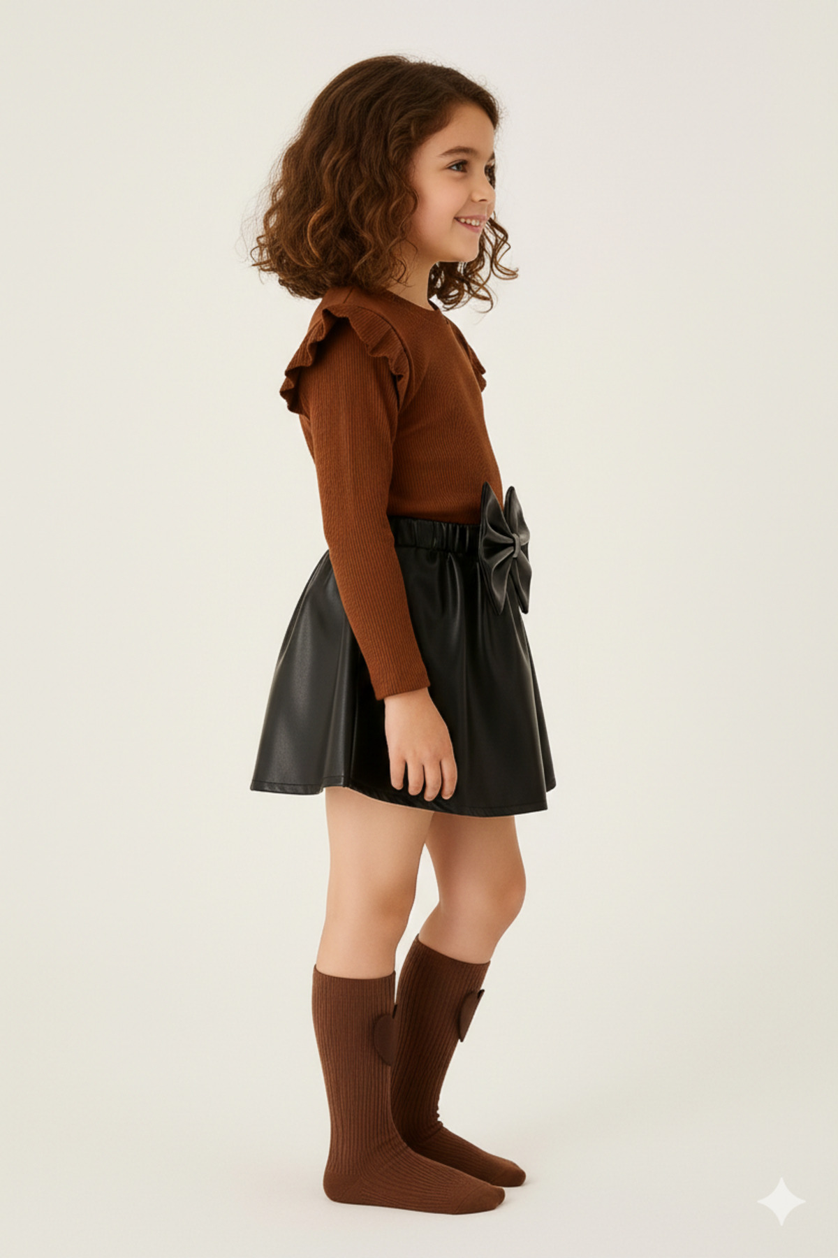 özge başaran Kız Bebek ve Kız Çocuk İçin Deri Etek Omuz Fırfırlı Kahverengi Badi Kalpli Çorap Seti 6 Aydan 6 yaşa fotoğrafı 4 (önizleme)