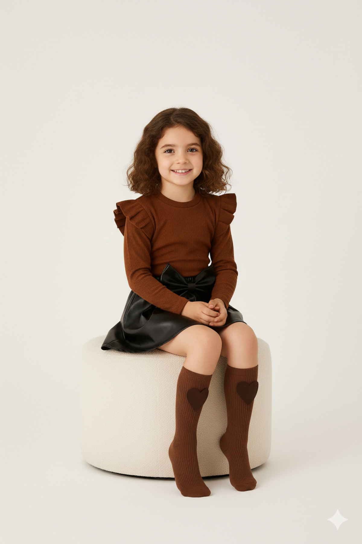 özge başaran Kız Bebek ve Kız Çocuk İçin Deri Etek Omuz Fırfırlı Kahverengi Badi Kalpli Çorap Seti 6 Aydan 6 yaşa fotoğrafı 3 (önizleme)