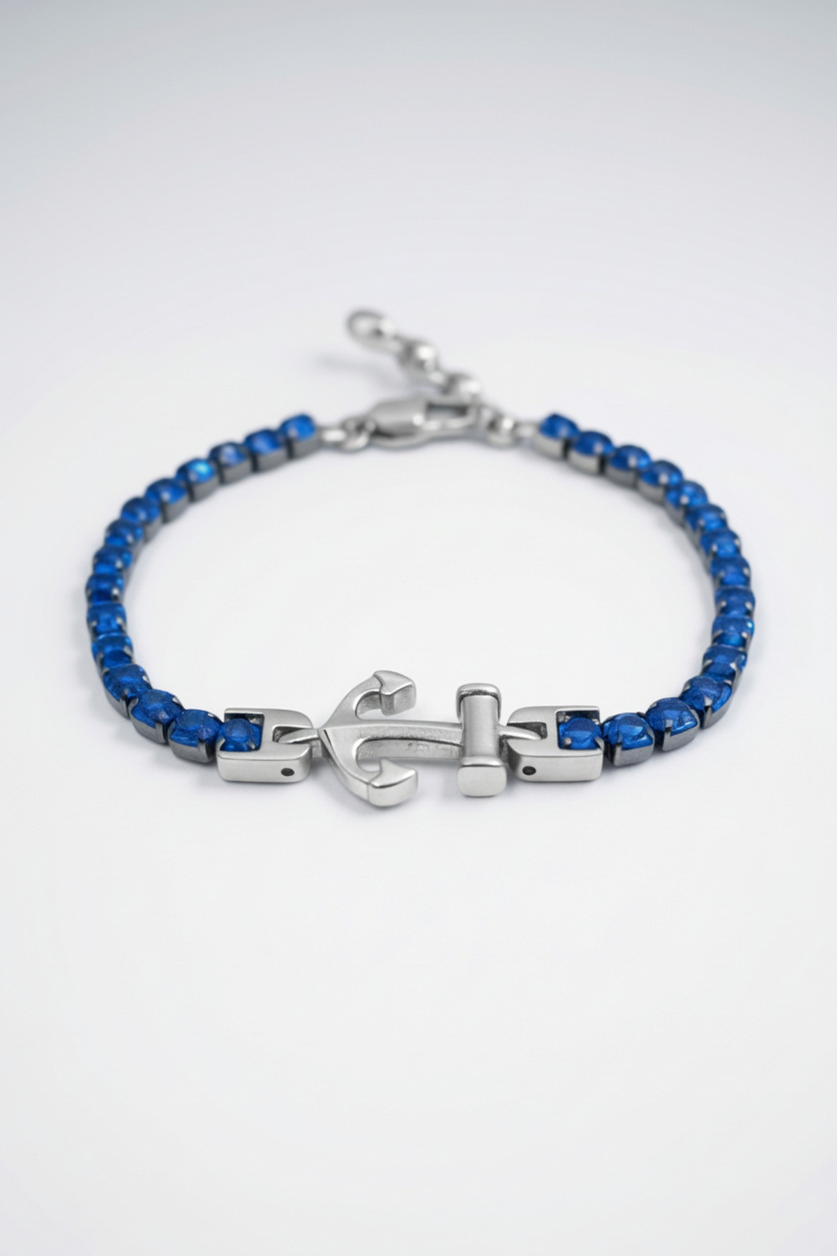 Adjustable 21cm (18+3) Steel Bracelet with Men's Anchor Motif Shiny Navy Blue Zircon Gemstone