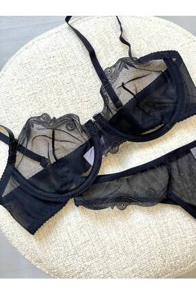 Pransa Siyah Dantelli Transparan Balenli Sütyen Takımı