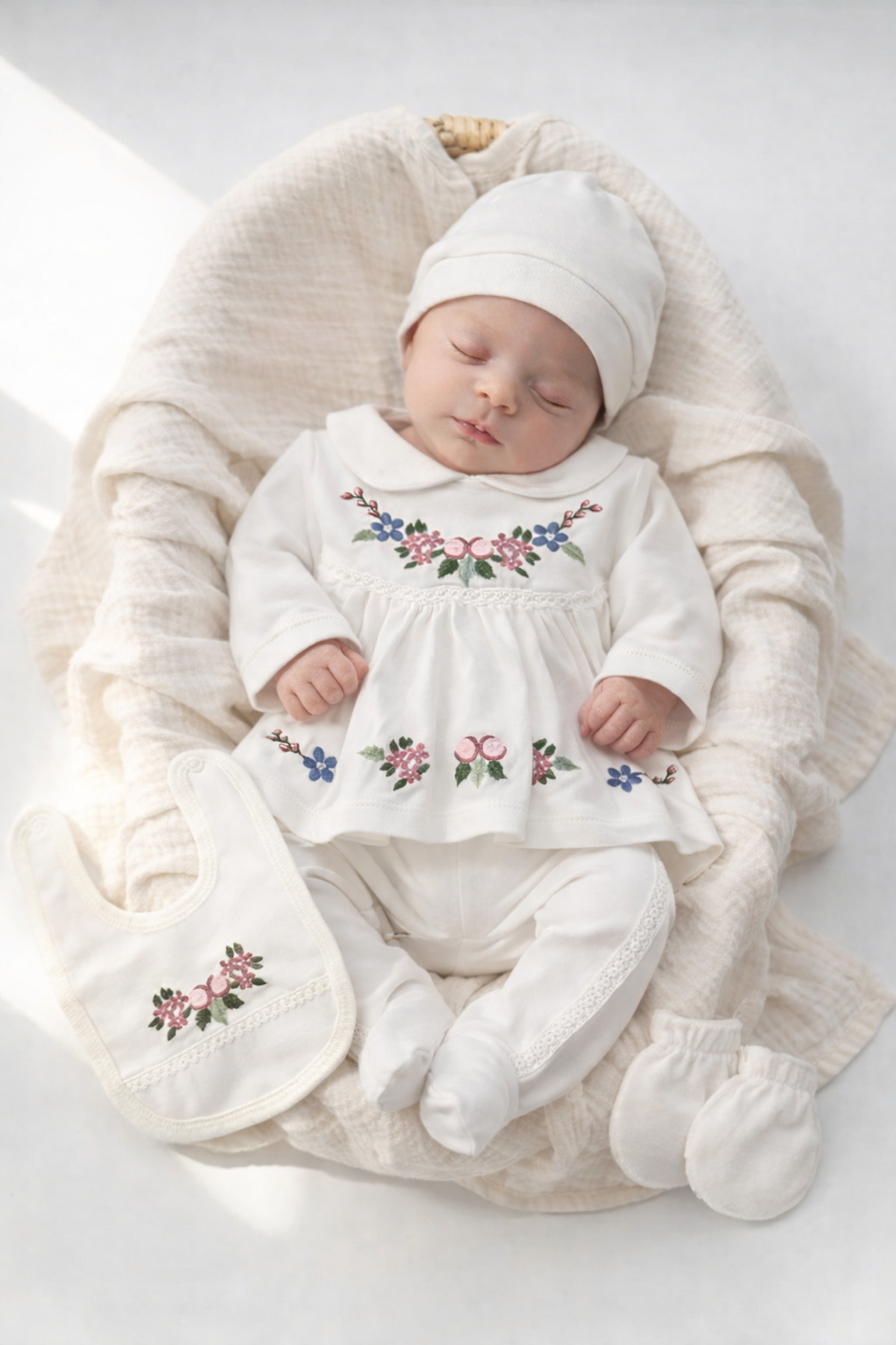 VERONA TARZ Kız Bebek Kutulu Lüx 5li Hastane Çıkış Seti Nakışlı Çiçekli Pamuklu 50-56cm 0-3 ay fotoğrafı 3 (önizleme)