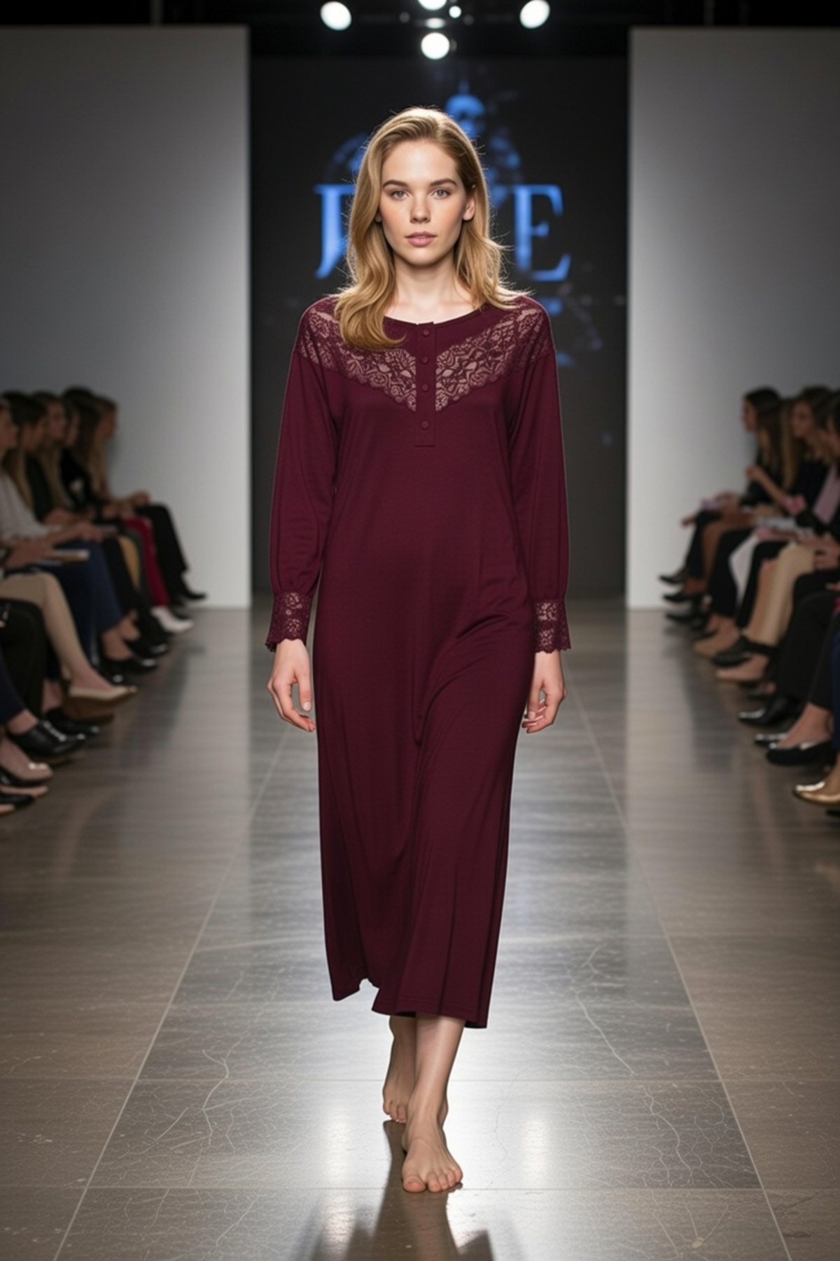 Aydoğan Kadın Dantelli Bordo Gecelik Uzun Kollu - 6023