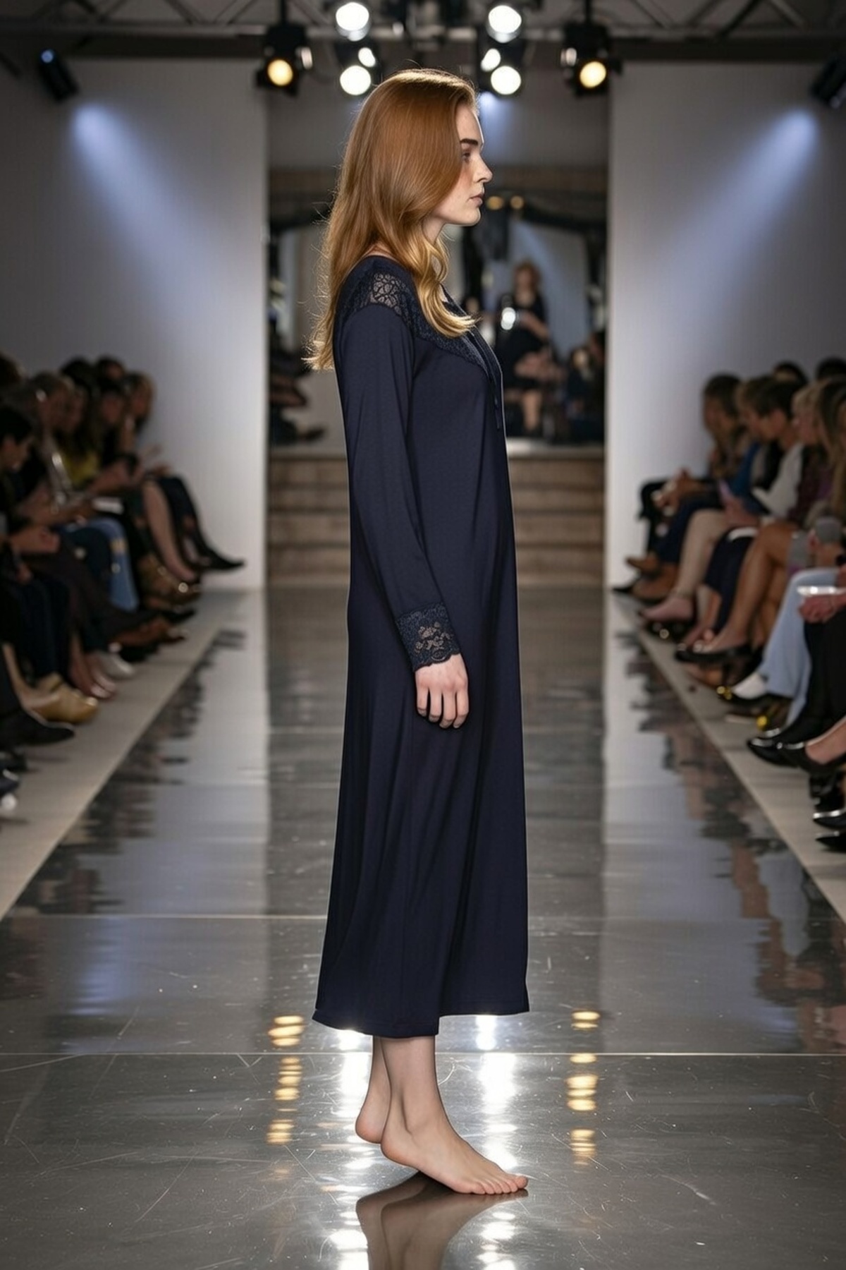 Aydoğan Kadın Lacivert Uzun Kollu Ince Dantelli Uzun Gecelik