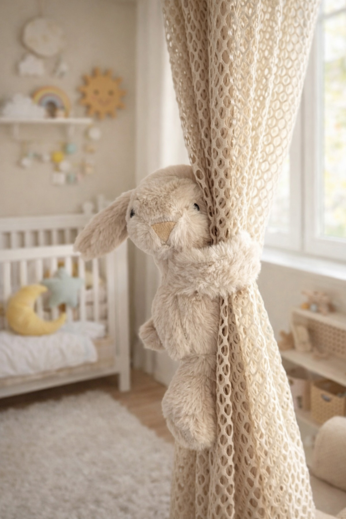Littleandmoreofficial Sarılan Kucaklayan Peluş Tavşan Bileklik Bebek Cocuk Odası Perde Oda Dekoru - Krem Bej fotoğrafı 3 (önizleme)