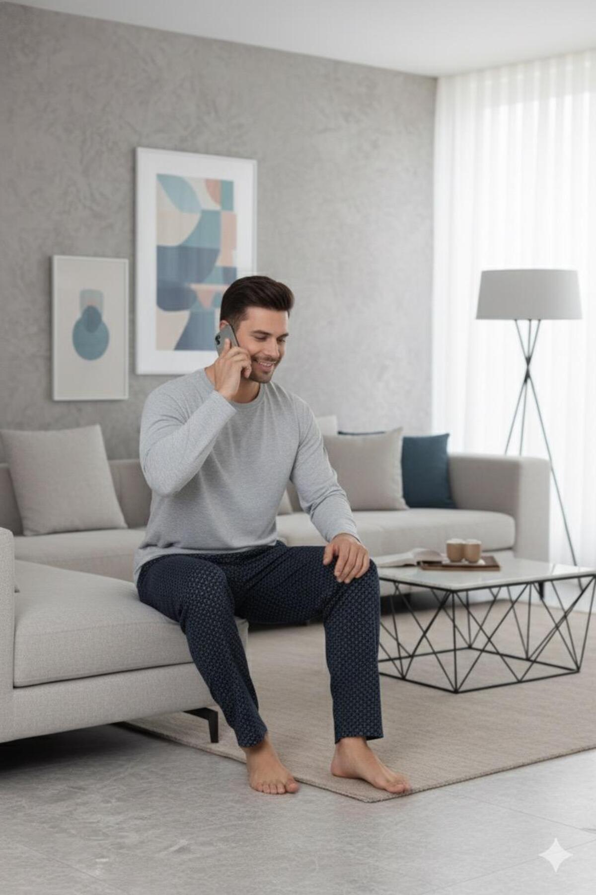 Sude HOMEWEAR Erkek Ekoseli Uzun Kollu Pijama Takımı görsel 2