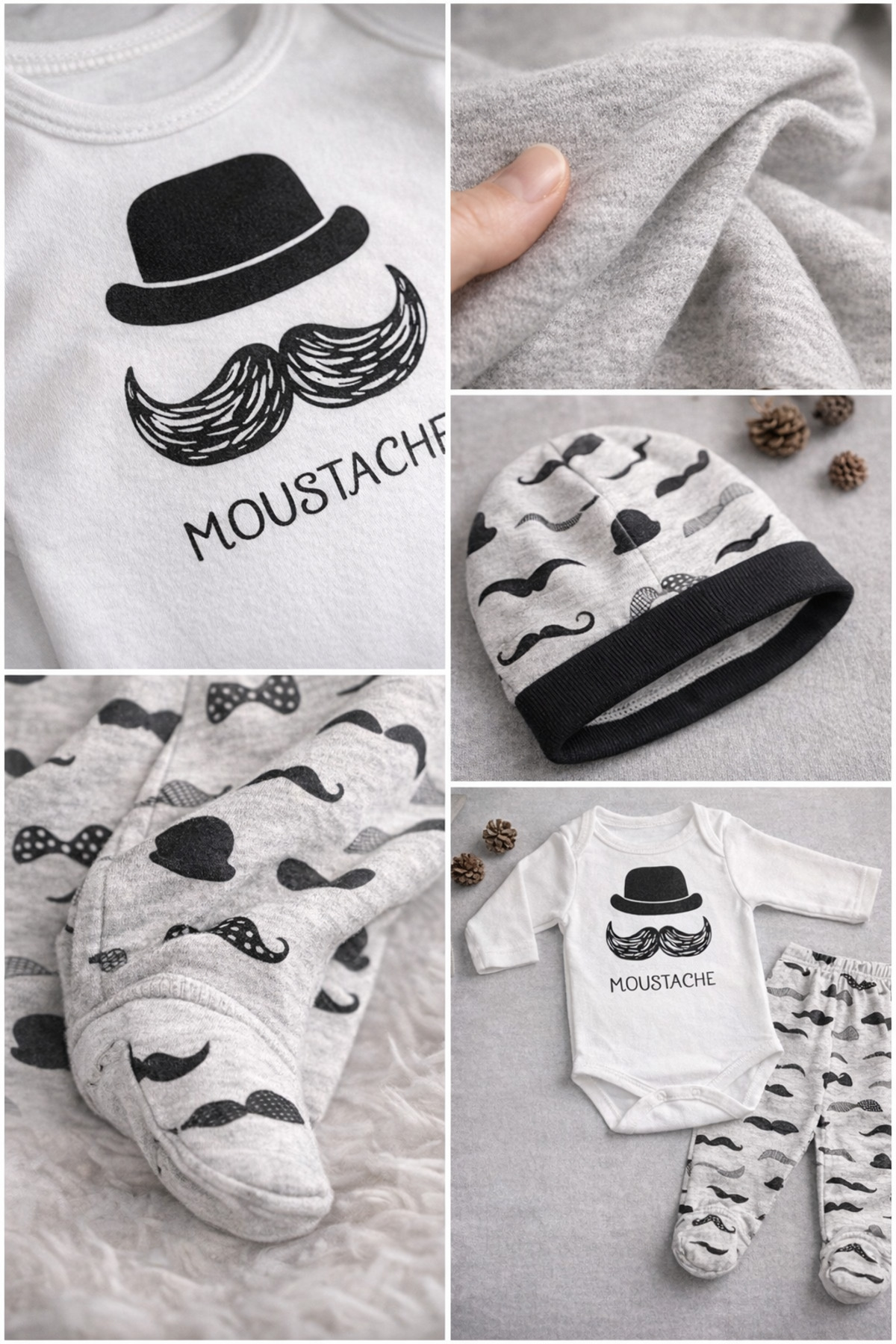 Mai Perla Unisex Bebek Beyaz Bıyıklı 3 Lü Zıbın Takımı fotoğrafı 3 (önizleme)