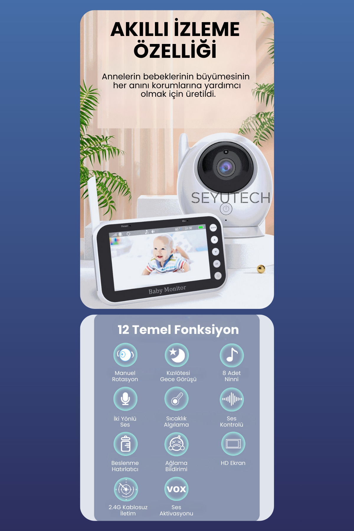 SEYUTECH Ekranlı Bebek Kamerası Gece Görüşlü Hareketli Bebek Telsizi Sıcaklık Kontrollü Bebek Odası Monitörü fotoğrafı 2 (önizleme)