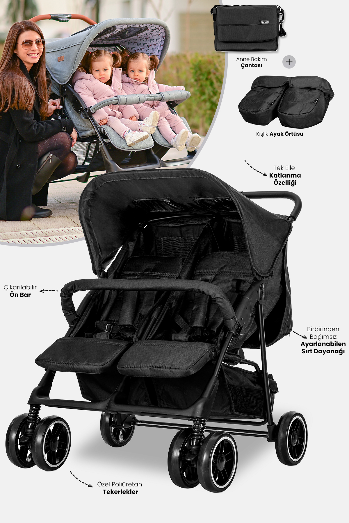 Twin Twin Stroller –Black Green Bay