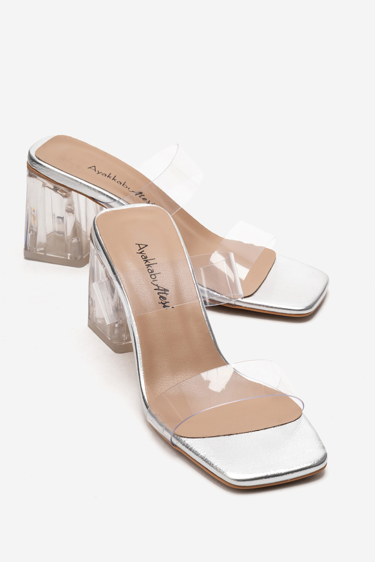Women's Silver Wrinkle Transparent Heels Custom Design Slippers with Transparent Cover Brilliant