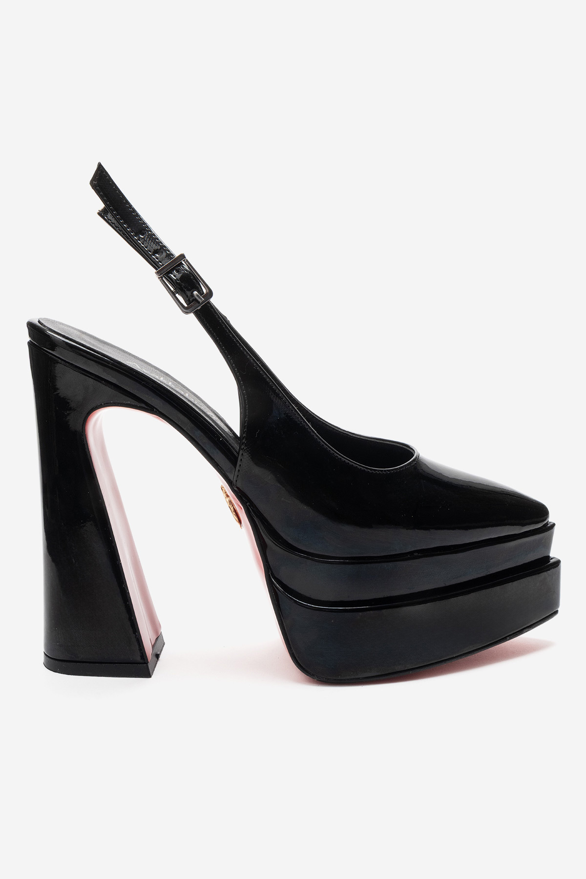 Ayakkabı Ateşi  Kadın Siyah Rugan Arkası Açık Sivri Burun Çift Platform Yüksek Topuklu Ayakkabı Medelo - Görsel 3