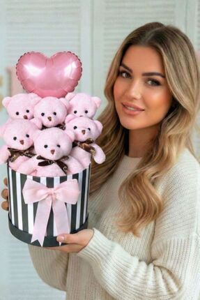 Solemia Premium Silindir Hediye Kutusunda, Kalpli Balonlu 6’lı Pembe Ayıcık B...