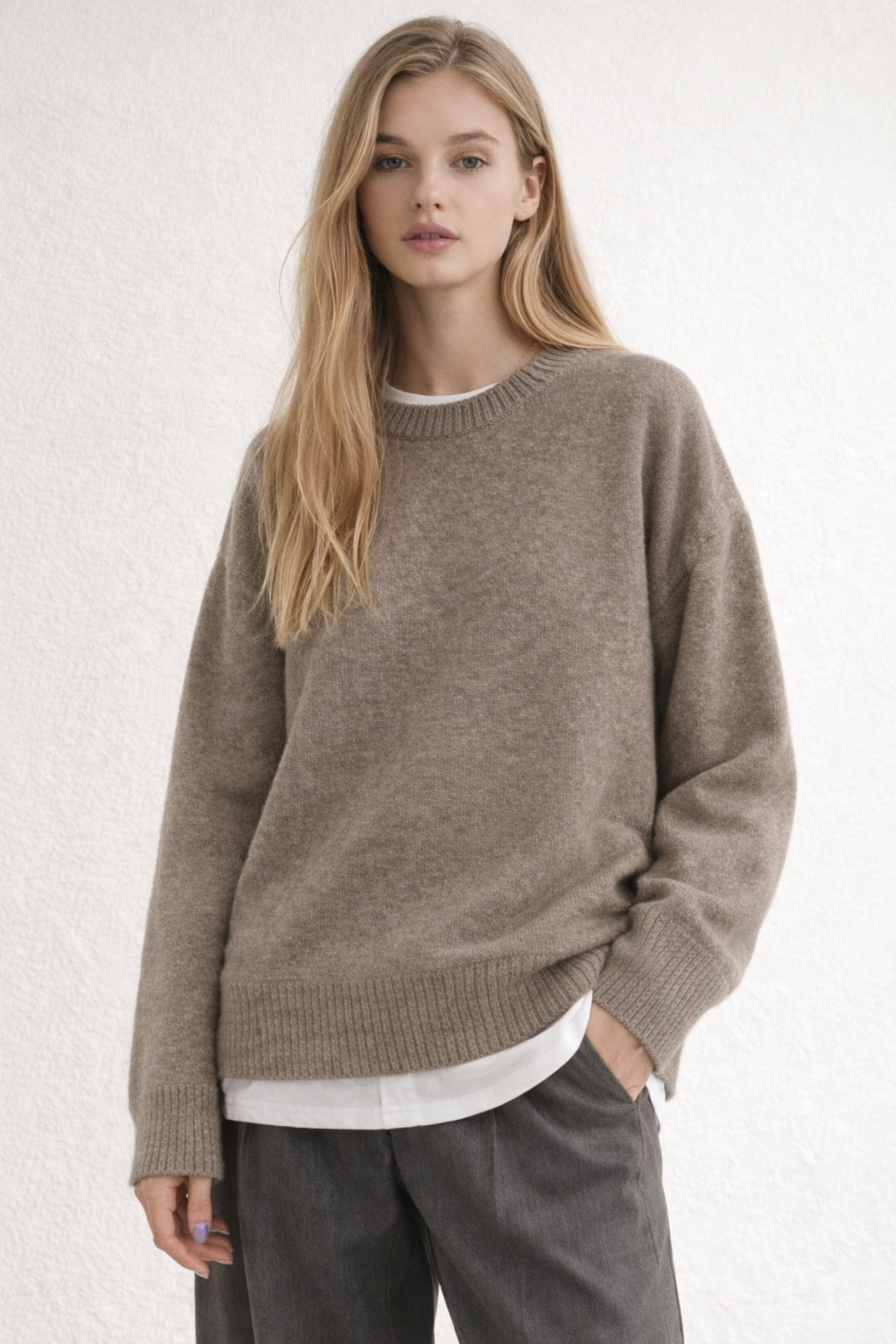 KAREL BUTİK  Vizon Oversize Bisiklet Yaka Triko Kadın Kazak