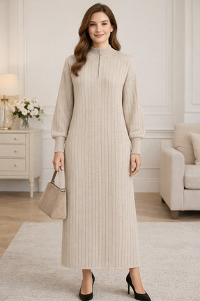 semela (TAŞ RENGİ)DÜZ KESİM FİTİLLİ FERMUAR DETAYLI UZUN ELBISE (130 cm )