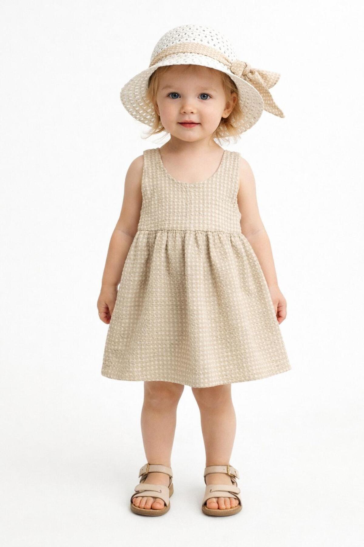Chicsy Baby Hat Gingham Patterned Bow Flexible Baby Girl Dress