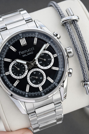 Ferrucci İtaly Model Bileklik Full Fonksiyon Siyah Katran 30 Mt Suya Dayanıkl...