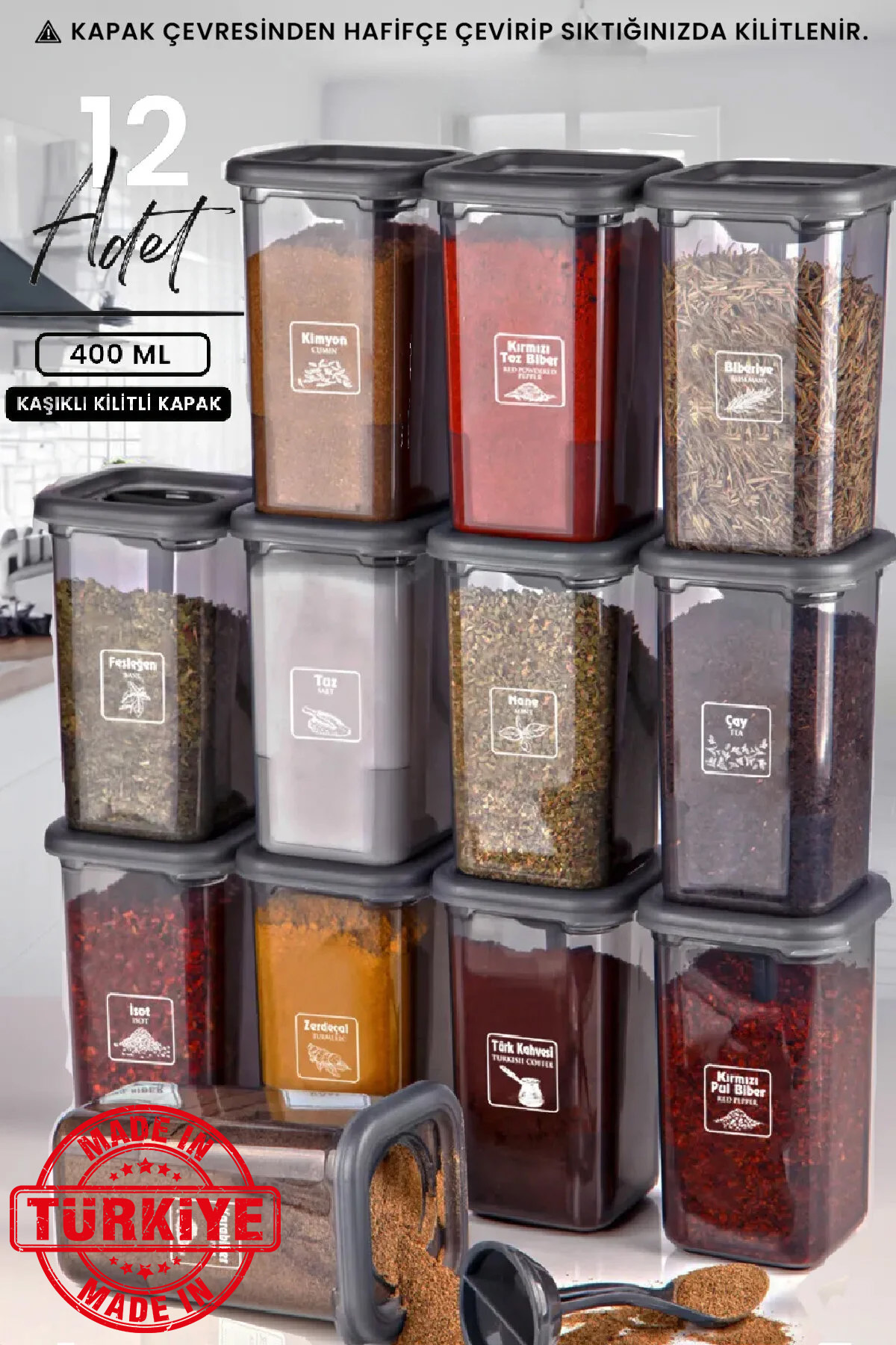 مجموعة من 12 وعاء توابل ذاتية الشوكة مع أغطية قابل...