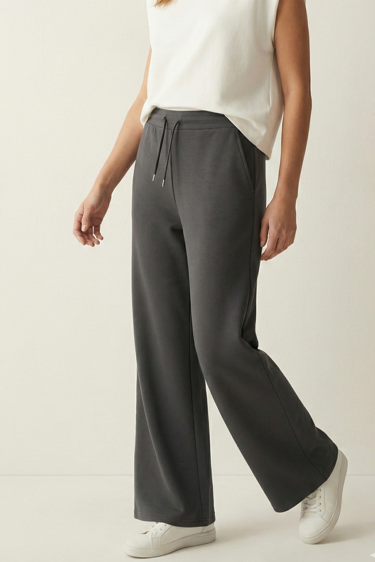 Elemge  Pamuklu Kadın Eşofman Altı Yüksek Bel Antrasit Dar Kalıp Flare Fit Geniş Paça İpli Cepli Esnek Likra - Görsel 5