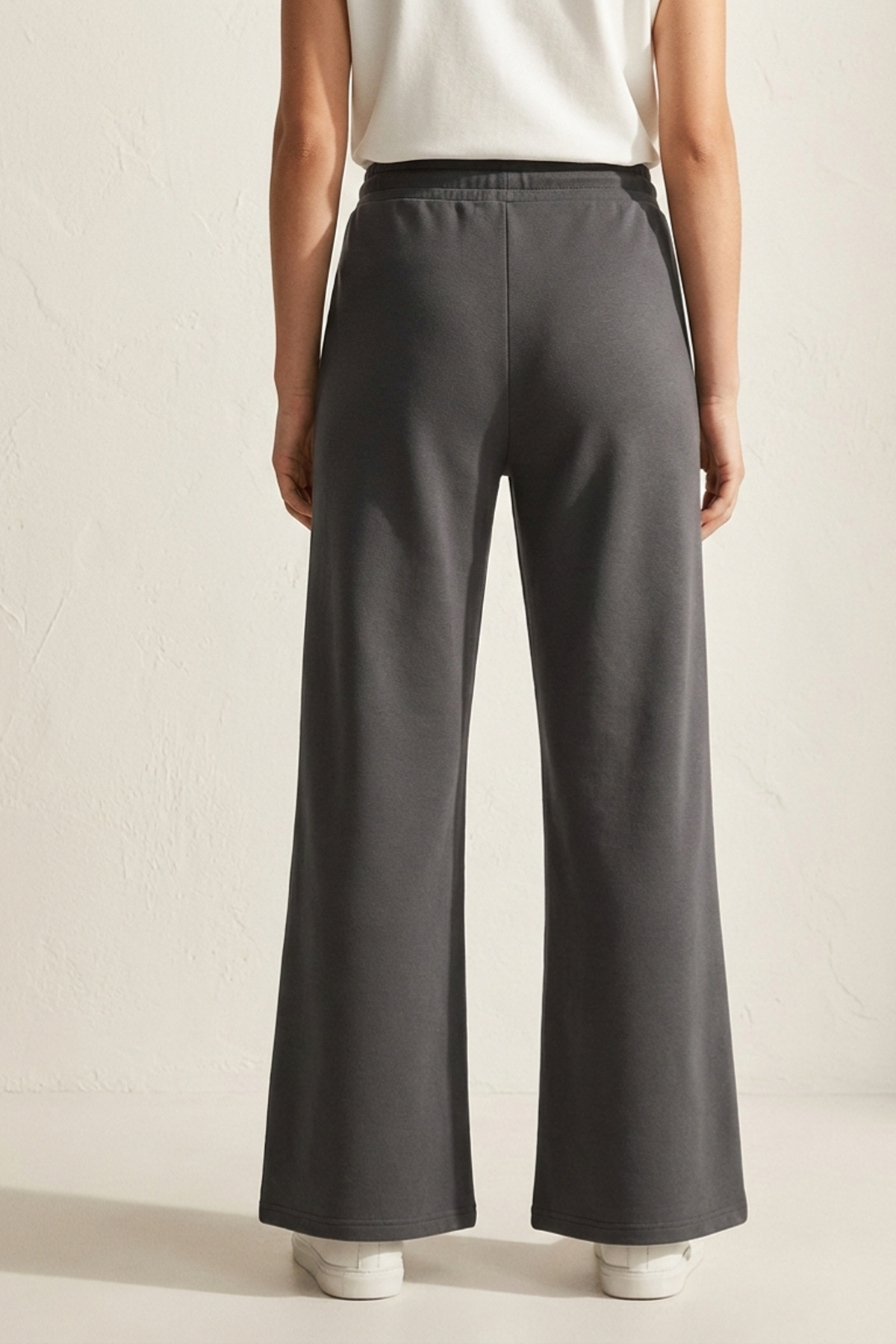 Elemge  Pamuklu Kadın Eşofman Altı Yüksek Bel Antrasit Dar Kalıp Flare Fit Geniş Paça İpli Cepli Esnek Likra - Görsel 7