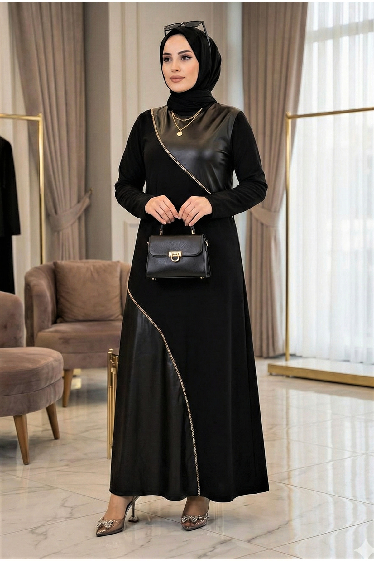 modamira  Kadın Siyah Pamuklu Önü Deri ve Zincir Detaylı Tesettür Kadın Uzun Kollu Elbise - Görsel 6