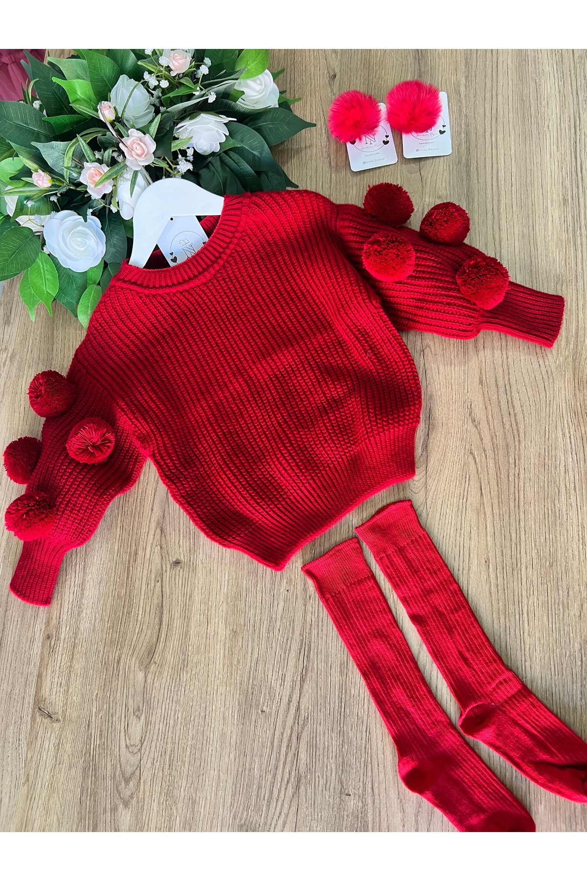 TREND NATURAL Kız Çocuk Bebek Kırmızı Ponponlu Kazak &Pullu Etek &Toka&Çorap Takım 6Ay-8Yaş fotoğrafı 6 (önizleme)