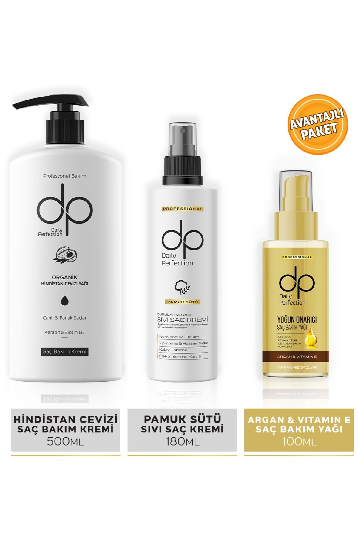 dp Daily Perfection Saç Bakım Seti Hindistan Cevizi Saç Kremi 500 ml & Pamuk Sütü Sıvı Krem 180 ml & Argan Yağı 100 ml — 06D0052-5
