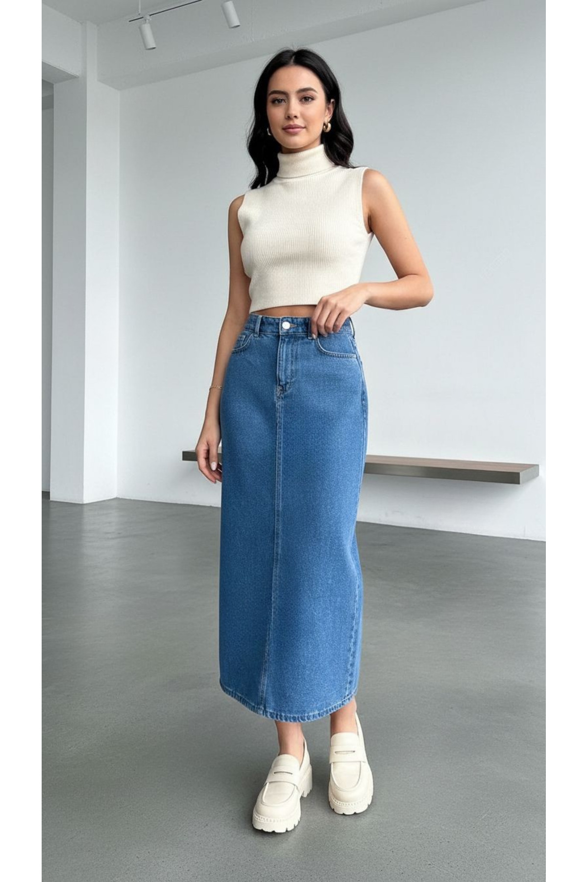 Dema  pamuklu mavi denim etek
