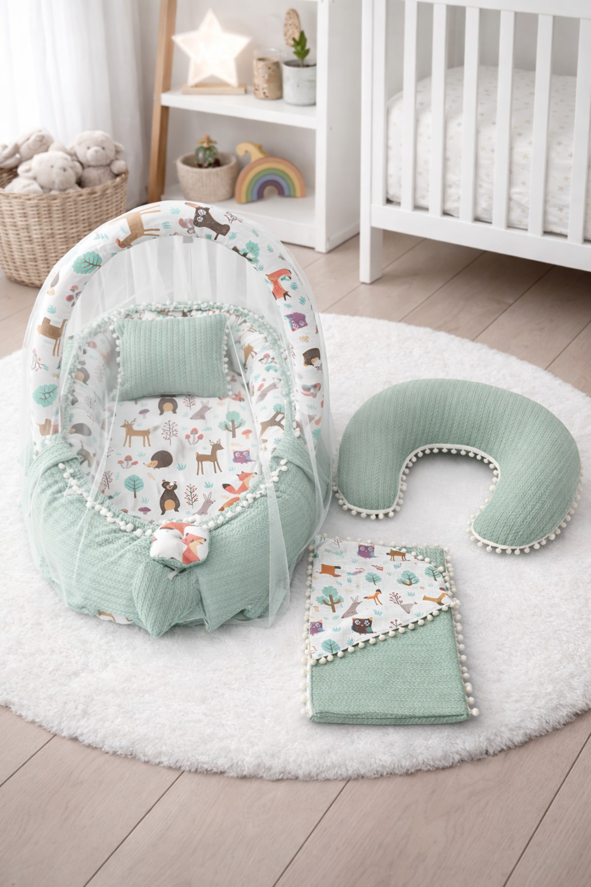 Jaju Baby Babynest Yeşil Örgü Pike Ve Orman Desen Ponponlu 6 Parça Jaju-babynest Anne Yanı Set fotoğrafı 2 (önizleme)