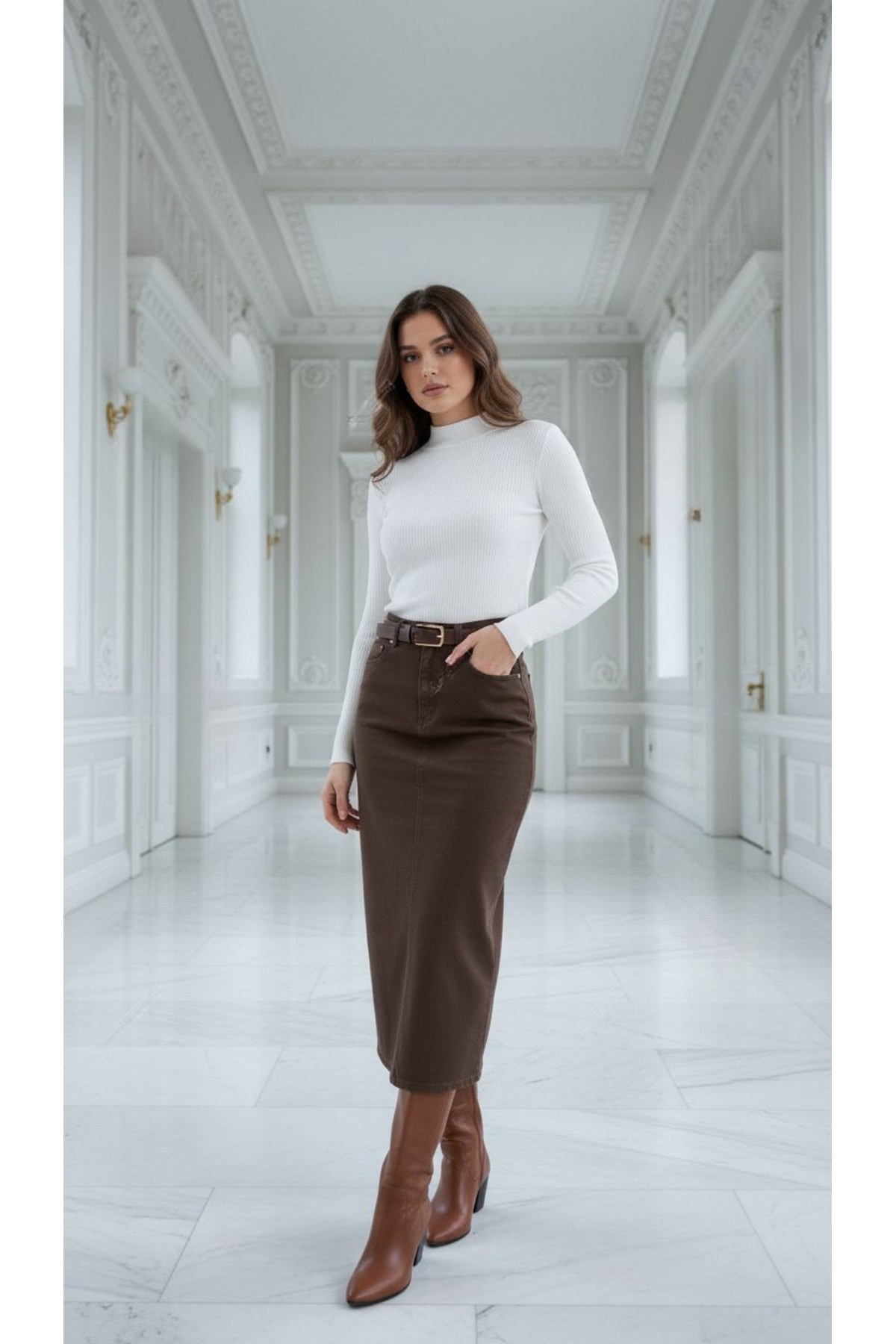 Dema  Kadın Pamuklu Kahverengi Denim Etek - Görsel 3