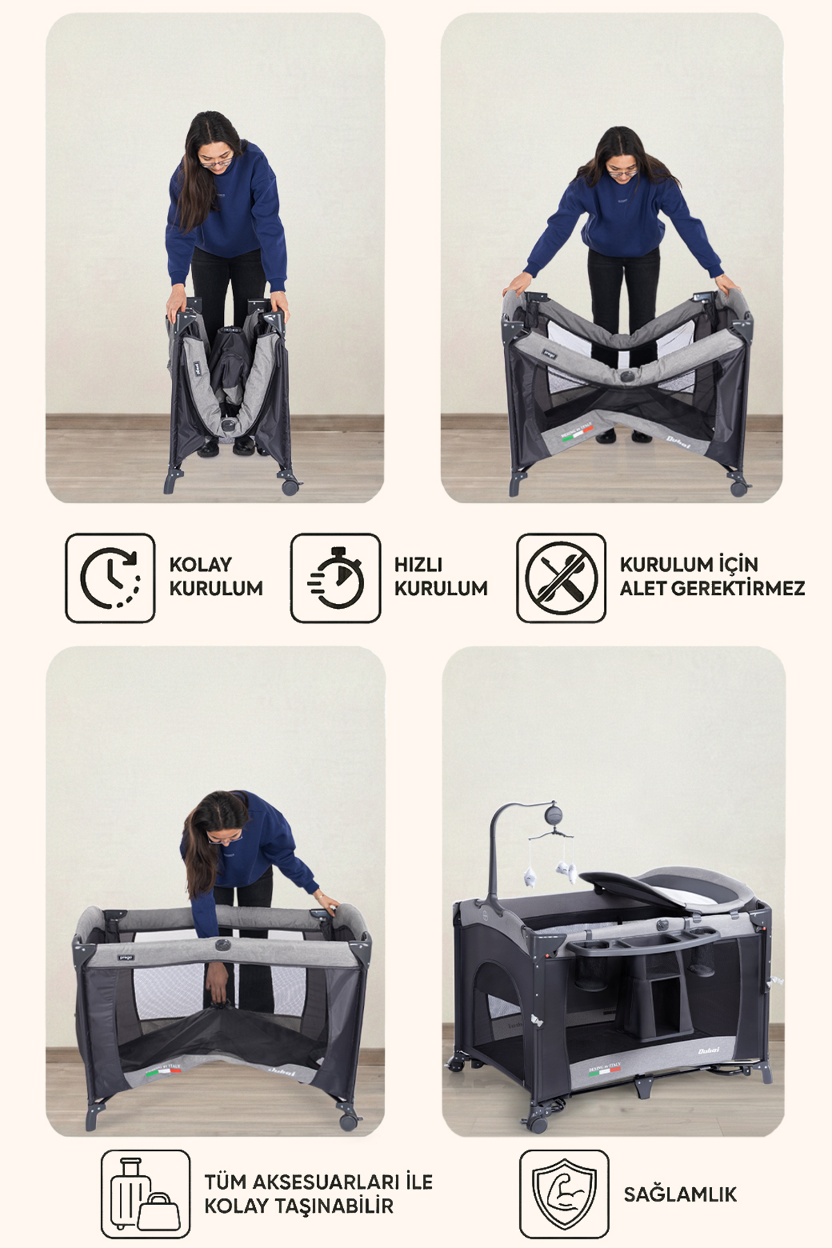 Prego Dubai 10in1 Anne Yanı Park Yatak Oyun Parkı Sallanır Beşik Yana Açılır Kolay Katlanır +Yatak Hediye fotoğrafı 6 (önizleme)