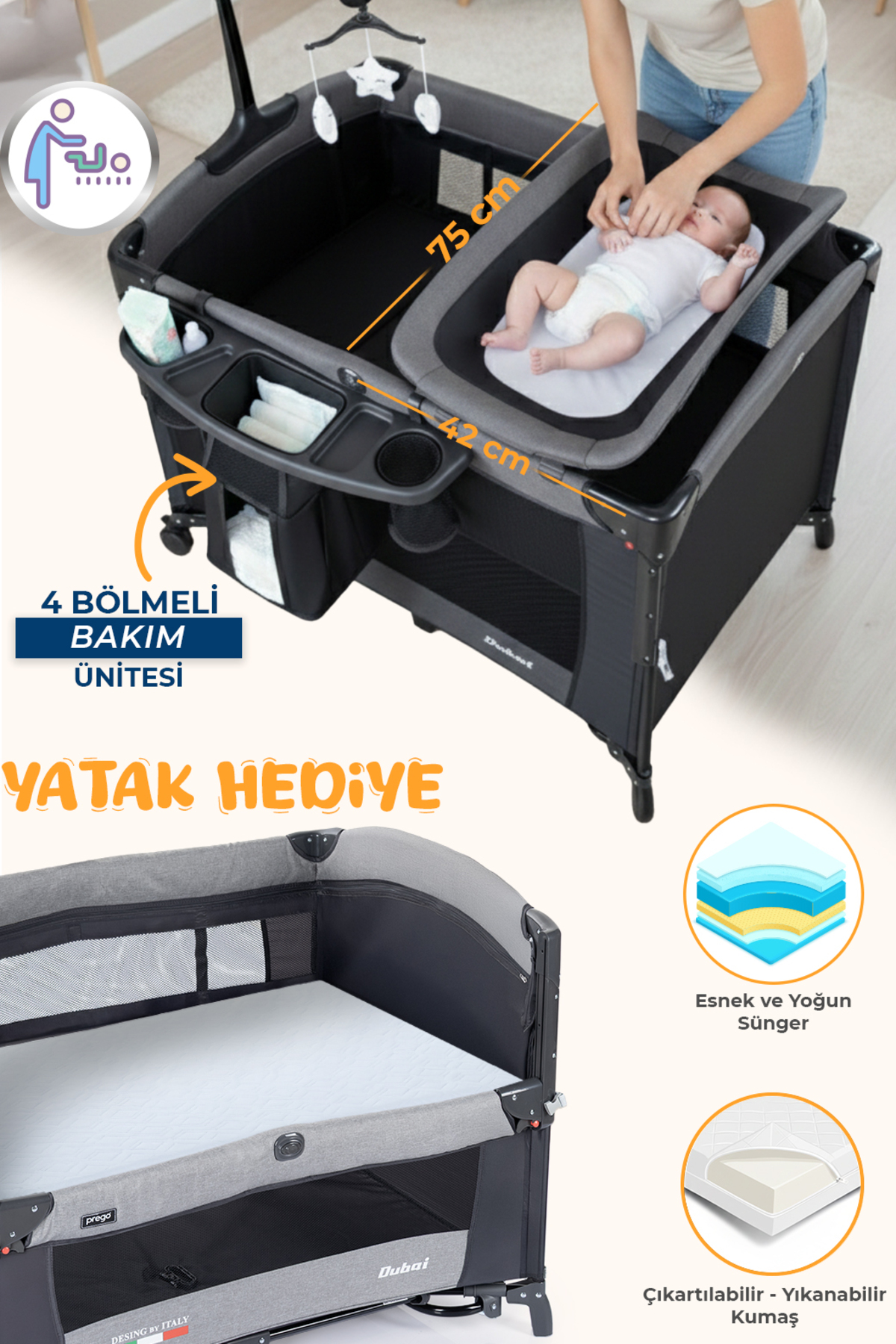 Prego Dubai 10in1 Anne Yanı Park Yatak Oyun Parkı Sallanır Beşik Yana Açılır Kolay Katlanır +Yatak Hediye fotoğrafı 2 (önizleme)